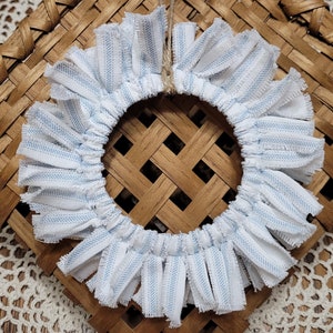 Mini Weathered Blue and White Ticking Stripe Rag Wreath Jute Hanger Hand Crafted Wide Mouth Canning Jar Ring
