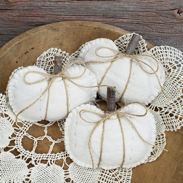 Upcycled Fabric Pumpkins, Set of 3, Twig Stems and Jute Bows, Bowl Fillers, Fall Tiered Tray Accents Neutral Decor, Farmhouse or Cottage