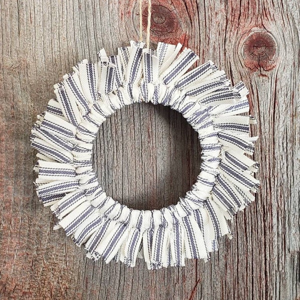 Mini Farmhouse Rag Wreath Ticking Stripe Navy Blue and Cream Jute Hanger Hand Crafted Wide Mouth Jar Ring