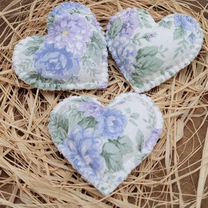 Set of 3 Upcycled Quilt Small Heart Stuffies, Hand Cut and Sewn, Bowl Fillers Tiered Tray Accents