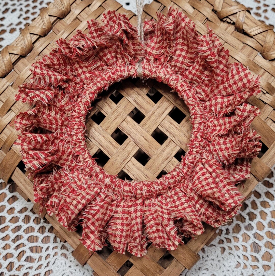 Mini Rag Wreath Rustic Red and Tan Homespun Small Check Fabric Wide ...