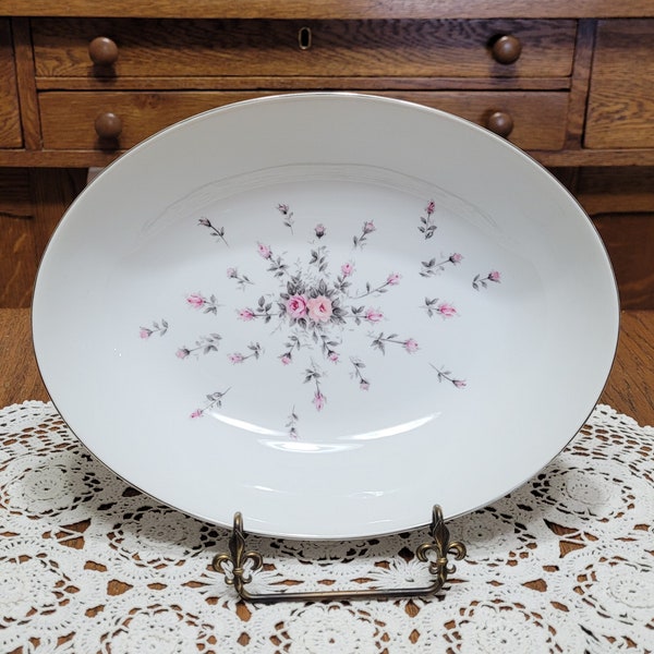 Vtg Harmony House Rosebud Oval Vegetable Bowl w/ Silver Trim on Rim, 10 3/8" Made In Japan Fine China