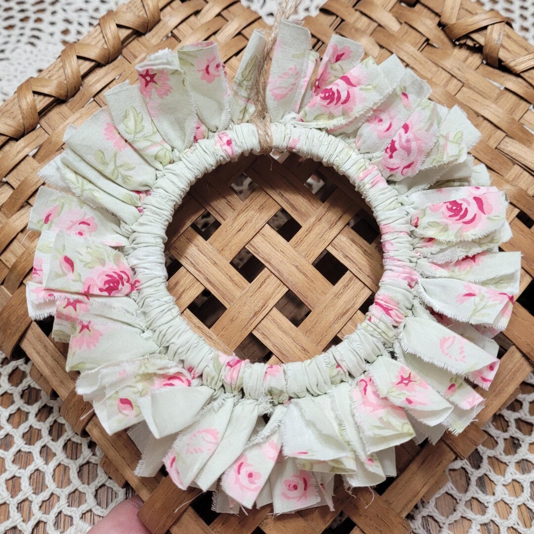 Mini Shabby Cottage Chic Rag Wreath Mint Green Pink Floral Wide Mouth ...