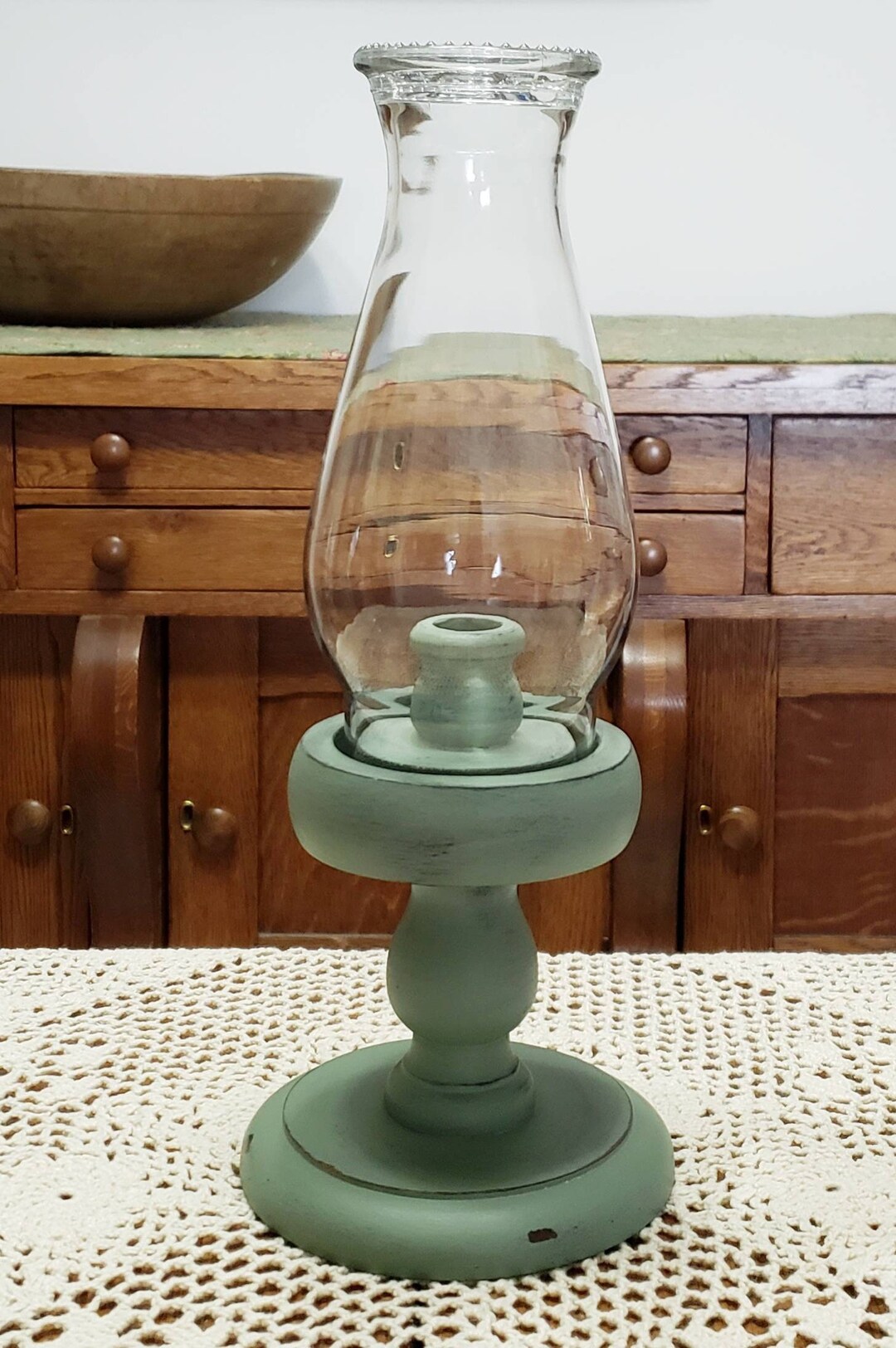 Vintage Wood Hurricane Taper Candle Holder Lamp Glass Shade Etsy