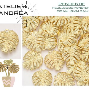 X 5 Breloques-Pendentifs, feuille de monstera, beau relief, or clair, 21.5 x 19 x 3 mm, Trou: 1.8 mm, Feuilles 3D courbés et nervurés. image 2