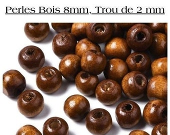 Lot de 50 perles naturelles, bois, 8 mm, trou de 2 mm,2 coloris, idéale pour la création de bijoux et de décoration en  macramé