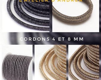 Cordons 4 et 8 mm, en polyester et fil métalliques, couleur platine et divers, fabrication collier, bracelets,