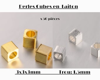 Lot de 50 perles cubes en laiton,  intercalaires- entretoise cube, carré, 3x3x3mm, Trou: 1.5mm, dorées ou argentée.