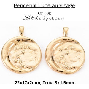 2 x Luna estrellada redonda, colgante medallón para cadena, oro de 18 k, 22x17x2mm, Agujero: 3x1.5mm, creación de joyas, bricolaje