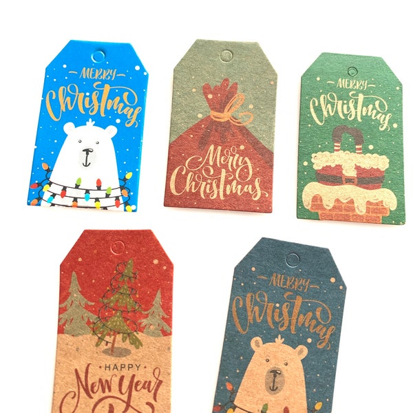 X 50 étiquettes cadeau "Merry Christmas", 5x3 cm, 5 visuels de Noel différents, carton, perforées, emballage et décorations  paquets cadeau