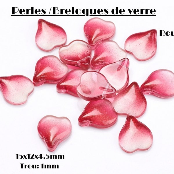 Breloques en verre transparent, pétale en forme de cœur, rouge, 15x12x4.5mm, Trou: 1mm, fêtes des mères, anniversaire