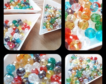 Lot de 50 / 100 Perles à facettes forme abaque, transparentes ou electroplates, couleurs mixtes, 4x3 mm OU 6x4 mm.