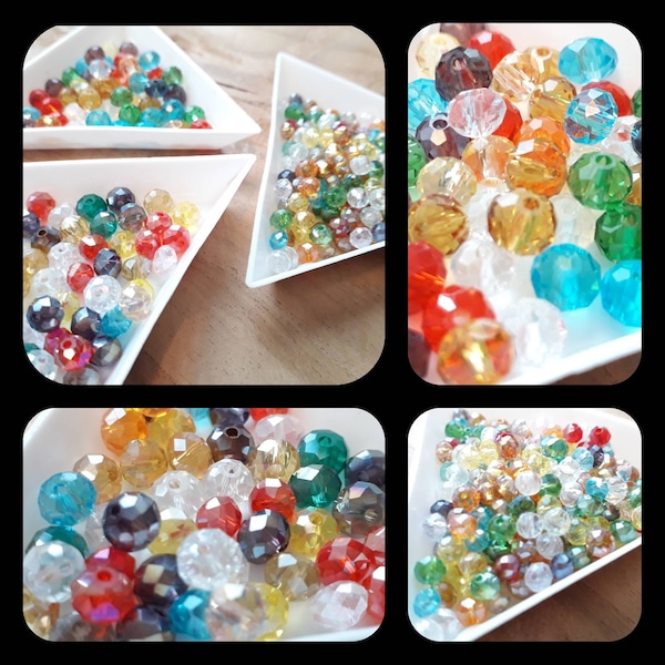 Lot of 50/100 Faceted abacus-shaped beads, transparent or electroplate, mixed colors, 4x3 mm OR 6x4 mm.