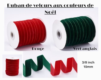 Ruban de velours pour créations, rouge ou vert anglais, 10 mm, lot de 5mètres