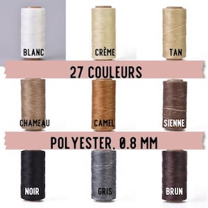 Op de afbeelding: Een selectie van 27 kleuren van 0,8 mm polyester garen spoelen. De kleuren omvatten wit, crème, bruin, camel, sienna, zwart, grijs en bruin.
