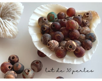 Lot de 30 perles d'agate DZI, perles naturelles tibétaines, tonalité brun/vert/beige, 6 mm de diamètre, trou de 2 mm