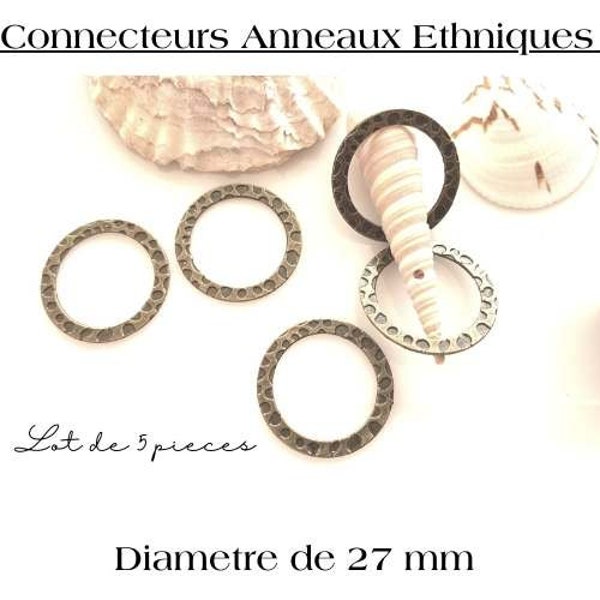 Lot de 5 connecteurs bronze, motifs ethniques, plats, ronds, 27 mm de diamètre.