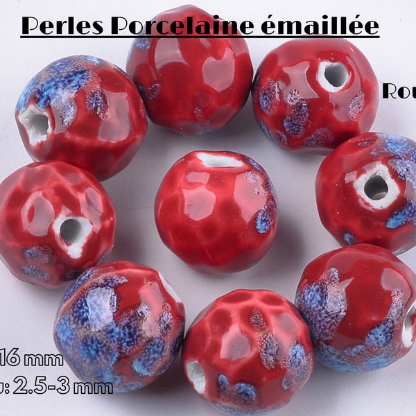 Lot de 5 grandes  perles en porcelaine émaillée antique couleur Rouge, forme ronde melon ,16 mm, perles fait main