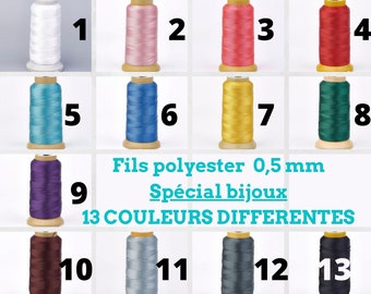 Fils spécial bijoux, polyester, en 0,5 mm, 13 couleurs différentes, vendu par lot de 10 mètres, macramé,fils tresses, création de bijoux