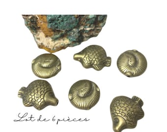 Lot de 6 perles 3D en bronze, thème marin, poissons, coquillages,  trou de 3 mm, créations artisanales bijoux, décoration tressage macramé