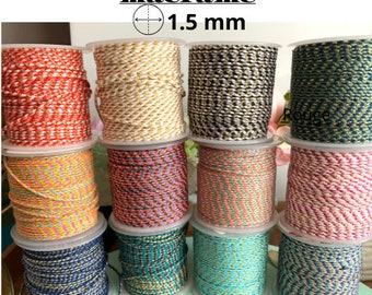 Cordon bijoux de  1.5 mm, coton, 4 fils tressés, cordon  macramé dont 1 fil doré,12  couleurs au choix, création bracelets ou collier, DIY