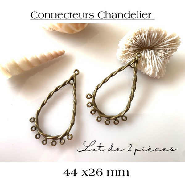 Lot de 2 connecteurs pour boucles, pendentifs, forme goutte, fil de métal bronze en roulé, 44 x 26 mm, 2 + 7 trou de 1 mm