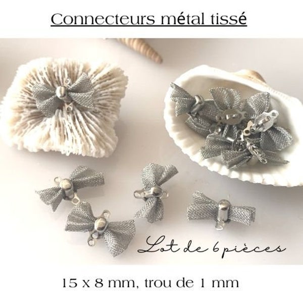 Lot de 6 petits liens-connecteurs en maille métal, argenté, style "Romantique", 8 x 5 mm, 2 trous de 1 mm.