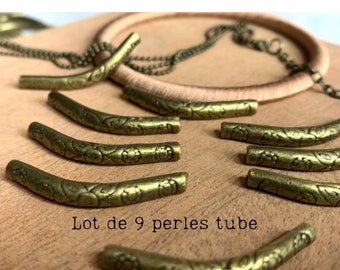 Lot de 12  perles tubes courbées, pour création de bracelet, laiton couleur bronze, 35 x 4 mm, Trou: 1.5 mm