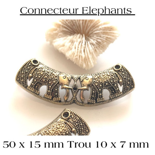 Grande et longue perles passante incurvée, plastron, connecteurs collier, motifs éléphants, argent ou bronze , trou 10 x 7 mm, 50 x 15 mm