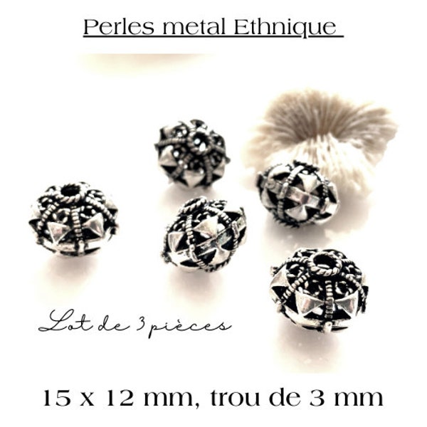 Lot de jolies perles ethniques, argent antique, métal, 15 x 12 mm, trou 1.5 mm, création bijoux, fournitures bijoux.