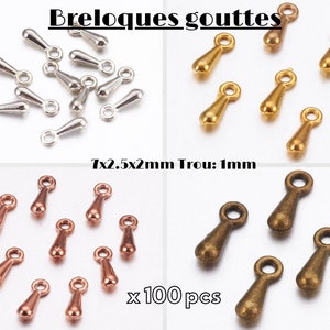 Lot of 100 drop charms, metal, colors of your choice, gold-rose gold-silver-bronze, 7 x 2.5 x2, 1 mm hole, chain finish, tassels