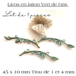 Może przedstawiać: Zestaw pięciu antycznych mosiężnych łączników gałęzi z patyną turkusową. Każdy łącznik ma wymiary 4,5 cm x 1 cm i posiada dwa otwory, jeden o średnicy 0,3 cm, a drugi 0,1 cm.  "Liens en laiton Vert de Gris Lot de 5 pieces 45 x 10 mm Trou de 1 et 4 mm"