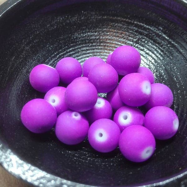 Lot de 20 grosses perles de verre caoutchoutées, violet/fuchsia, 11 x 10 mm, création bijoux, fournitures pour créateurs.