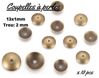 Brass cups for beads, bronze brass cap, set of 10 pieces, 13 x 1 mm, 2 mm hole, creation of earrings