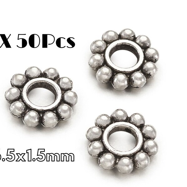 Lot de 50 perles intercalaires  en métal, fleur, argent antique, 6.5x1.5mm, Trou: 2mm.