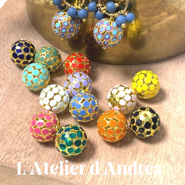 Perles émaillées à la main, 15 coloris au choix, forme ronde, laiton or,  création de bijoux, perles laiton doré, 12 mm
