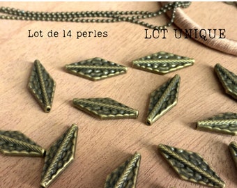 Lot unique, 14 perles forme losange, bronze, 22 x 9 mm, Trou: 1mm