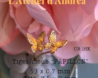 Tiges/clous tête "Papillon" en OR 18k pour création bijoux , 53 mm perles à bijoux, clous à tête doré, création boucles d'oreilles