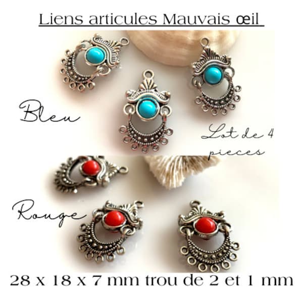 Connecteurs articulés "mauvais oeil" avec cabochon, bleu ou rouge, 28 x 18 x 7 mm