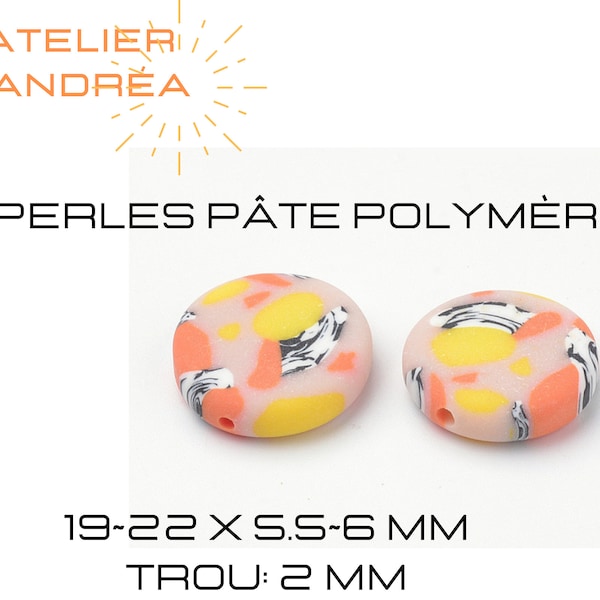 Perles cabochons en pâte polymère, rondes et plates, colorées, 19~ 22 x 5.5~6 mm Trou: 2 mm, création bijoux colorés