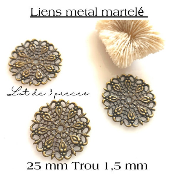 Lot de 3 estampes pour bijoux, connecteurs, head band, sautoirs, boucles, forme rosace, couleur bronze, diamètre de 25 mm