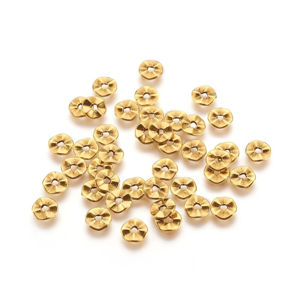 Lot of 50 corrugated infill beads, unleaded, round flat, antique gold…