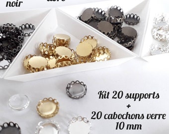 Lot de 20 supports cabochon +20 cabochons de verre 10 mm, 4 coloris ronds a dentelle, réalisation de bijoux, scrapbooking