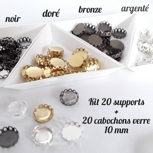 Lot de 20 supports cabochon +20 cabochons de verre 10 mm, 4 coloris ronds a dentelle, réalisation de bijoux, scrapbooking