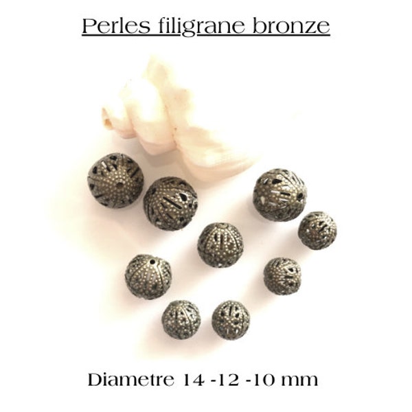 Lot de perles filigranées en bronze, diamètre différents, 14 - 12 - 10 mm, trou de 1 mm