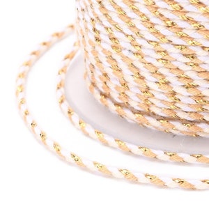 1.5 mm jewelry cord, cotton, 4 braided threads, macramé cord including 1 gold thread, 12 colors to choose from, creation of bracelets or necklaces, DIY Blanc