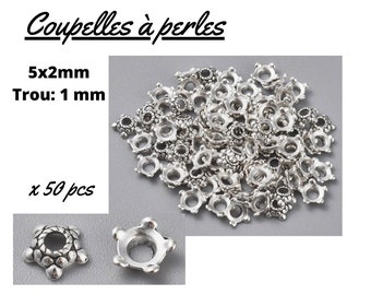 x 50 Coupelles à perles, calotte en laiton, argent tibétain, 6 mm, trou de 2 mm, calotte à perles, création de bijoux