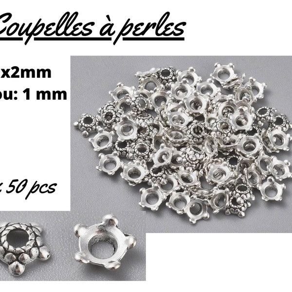 x 50 Coupelles à perles, calotte en laiton, argent tibétain, 6 mm, trou de 2 mm, calotte à perles, création de bijoux