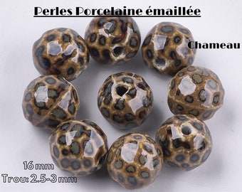 Lot de 5 grandes  perles en porcelaine émaillée antique couleur "Chameau", forme ronde melon ,16 mm , perles fait main