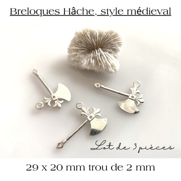 Lot de 3 breloques  en métal argent, forme de hache, style médiéval, pour création de bijoux pour hommes.